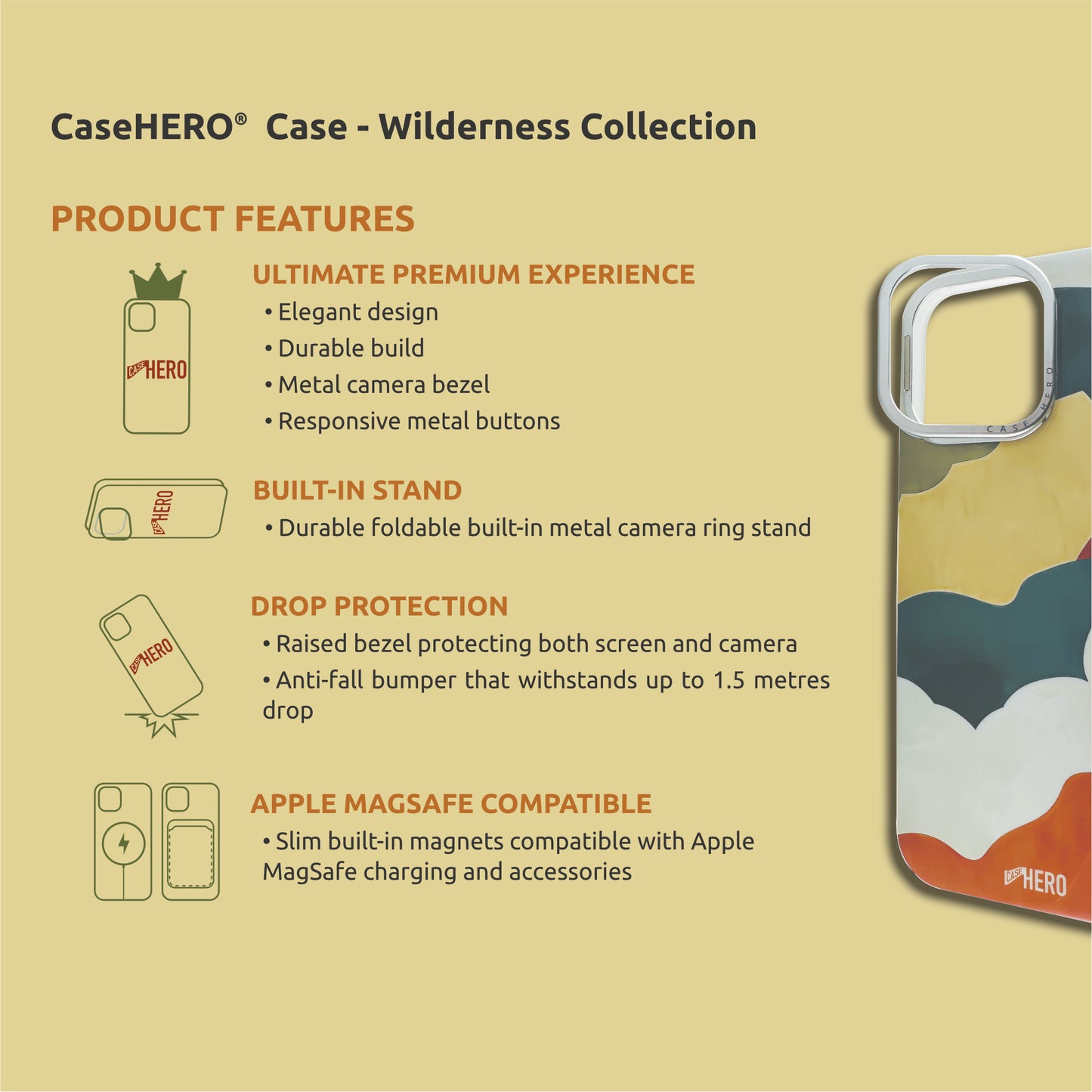 CaseHERO iPhone 16 case with metal ring stand detail and textured edge – Billows Edition
