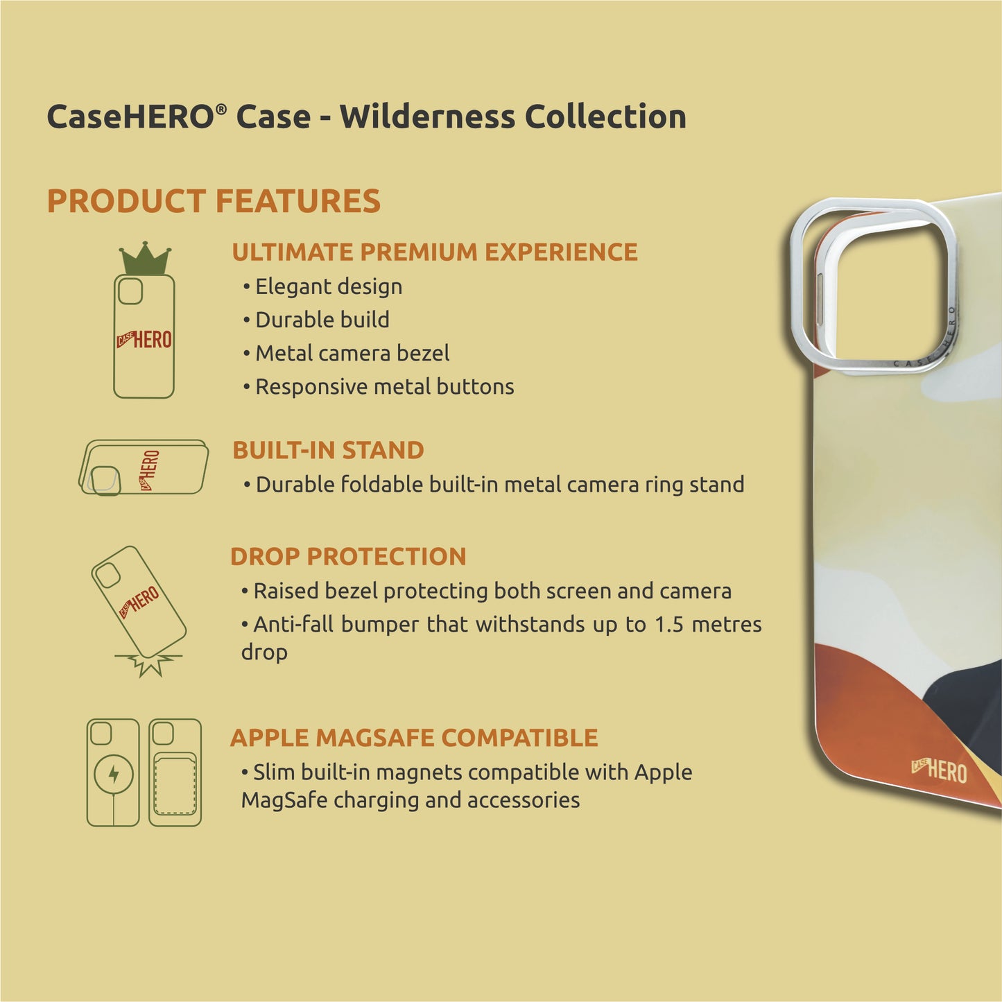 CaseHERO iPhone 16 case with metal ring stand detail and textured edge – Dusk Edition