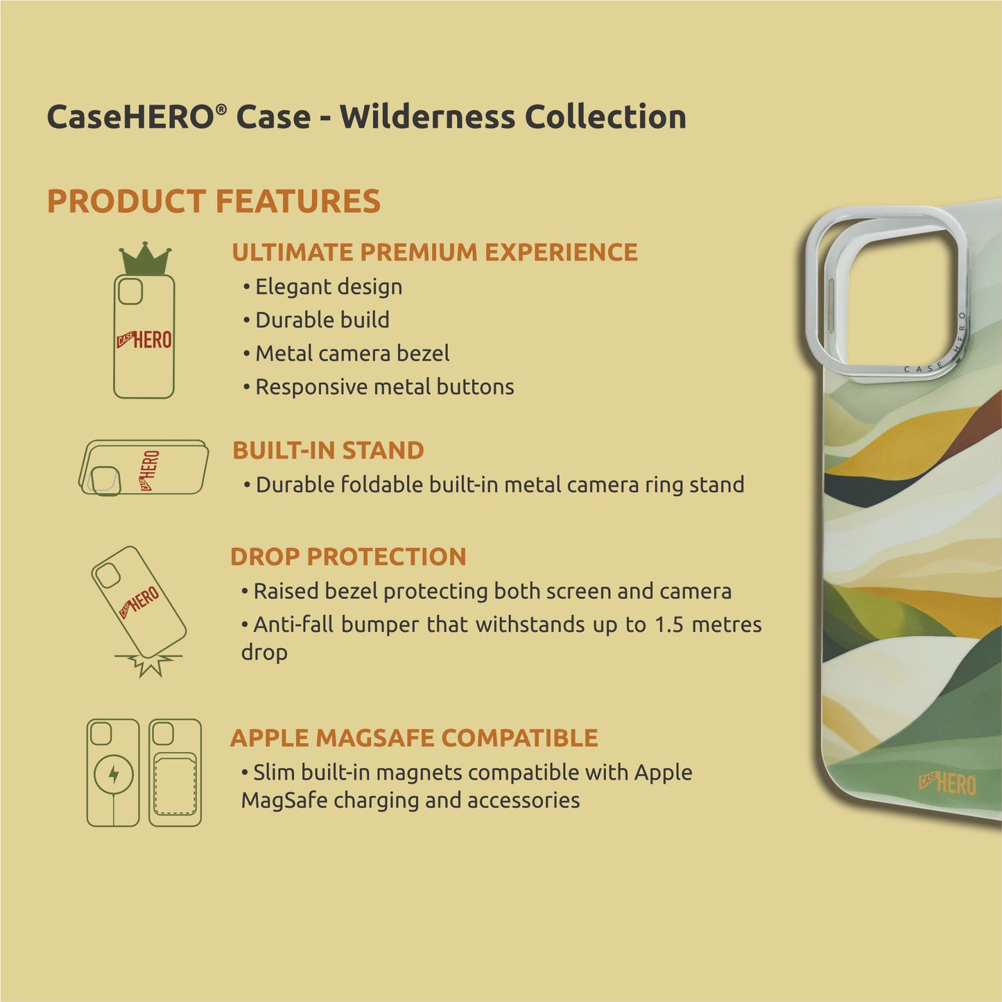 CaseHERO iPhone 16 case with metal ring stand detail and textured edge – Plains Edition